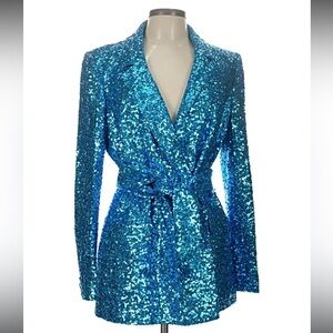 Badgley Mischka Blue Sequin Blazer Dress NWT Wrap Cocktail Party Dress Size 12